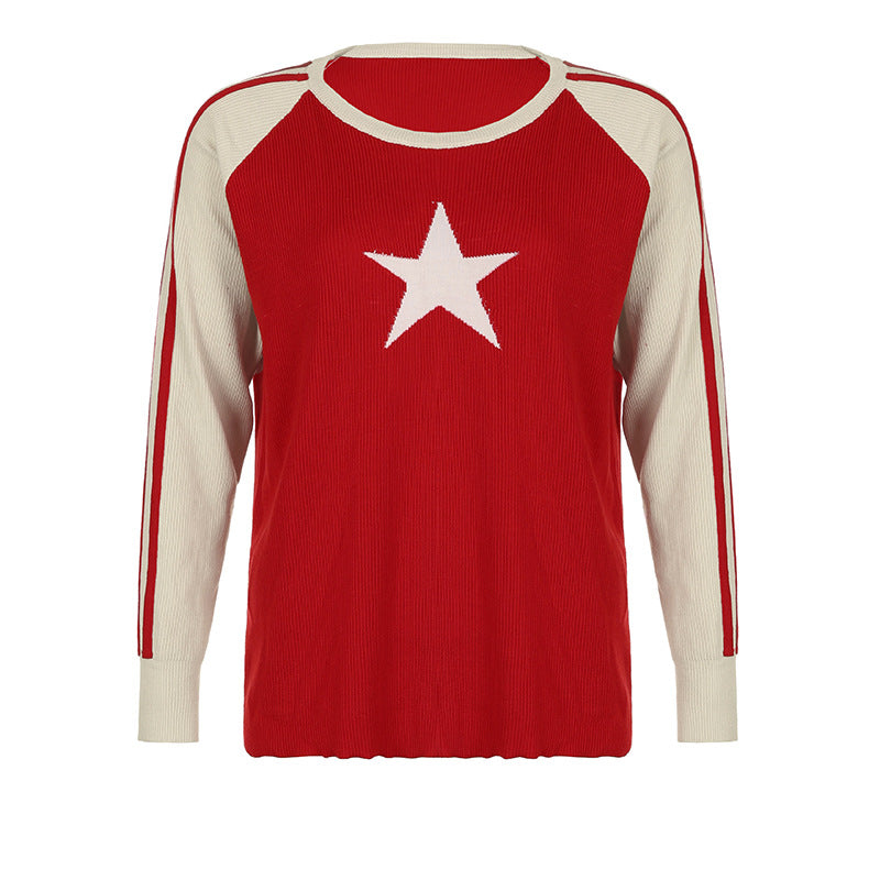 Vintage Contrast Color Star Raglan Sweater - fairypeony
