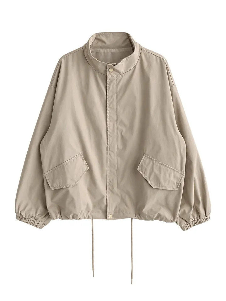 Retro stand collar oversized short trench jacket in khaki, product shot