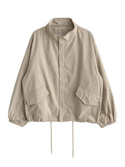 Retro stand collar oversized short trench jacket in khaki, product shot