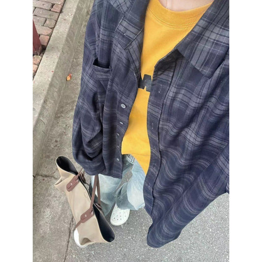 90s Retro Plaid Print Oversized Blouse