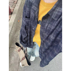 90s Retro Plaid Print Oversized Blouse