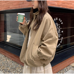 Retro stand-up collar zip-up loose jacket