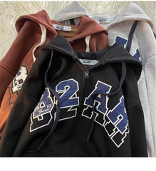 Letter Embroidery Zip Up Oversized Hoodie - fairypeony