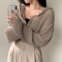 Rib Crop Knitted Zip Up Hoodie