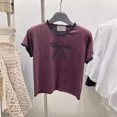 Lace Trim Bow Print Short Sleeve Tee