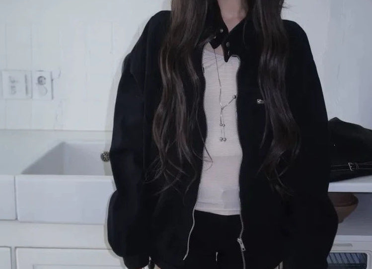 Vintage stand collar slim-fit coat in Black, worn open