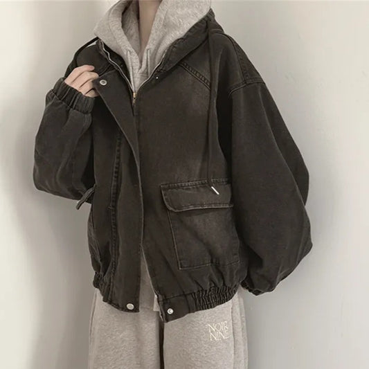 Hooded Patchwork Denim Jacket – Oversized Zip-Up Korean Streetwear Coat