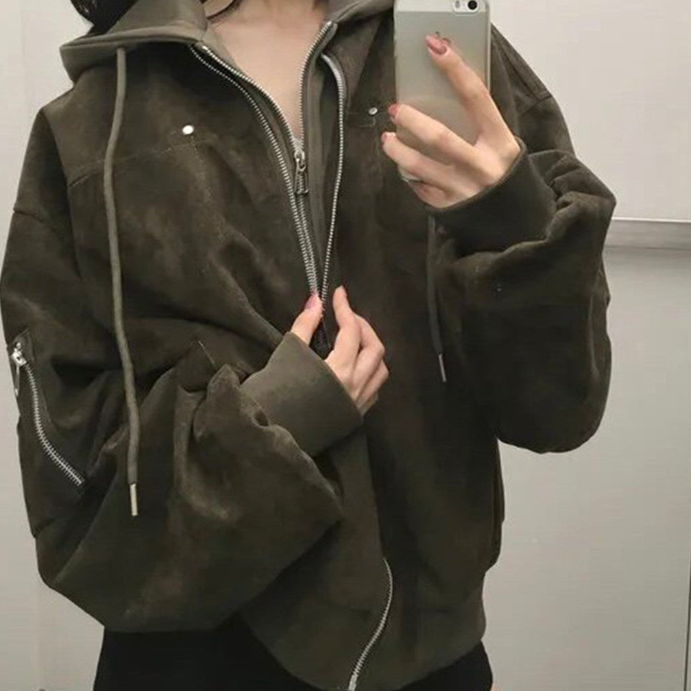 Faux two-piece hooded biker jacket in military green, side view
