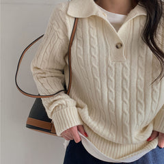 Vintage Cable Knit Polo Collar Button Sweater