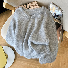 Elegant Solid Color V-Neck Soft Pullover Sweater for Women