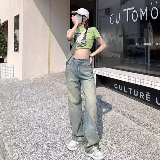 Distressed Star Print Wide-leg Jeans - fairypeony