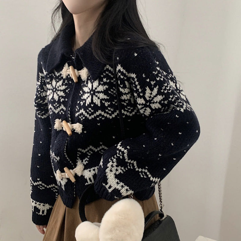 Aesthetic Snowflake Horn Button Knitted Cardigan - fairypeony