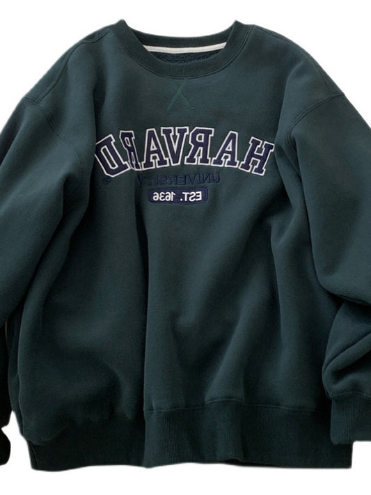 Embroidered Letter Round Neck Oversized Sweatshirt