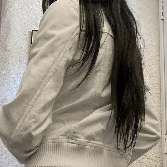 Lapel collar zip-up workwear jacket in cream white, back side view