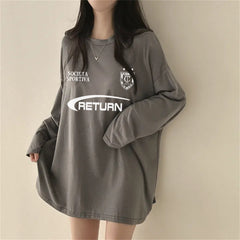 Vintage Round Neck Logo Print Oversized Tee - fairypeony