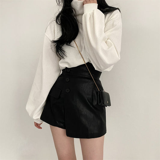 Turtle Neck Long Sleeve Corduroy Oversized Tee