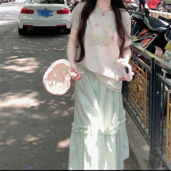 Vanilla Green Coquette Bow Maxi Skirt