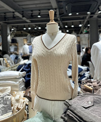 2000s Cream Cable Knit V-Neck Sweater – Preppy Brown Contrast Trim Pullover One Size