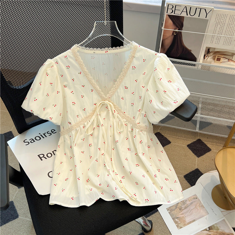 V-Neck Puff Sleeve Lace Trim Blouse