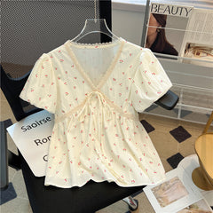 V-Neck Puff Sleeve Lace Trim Blouse