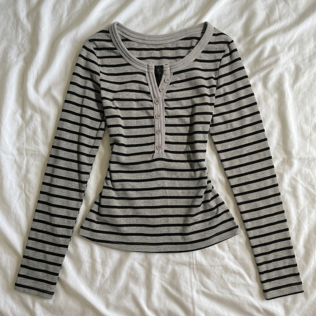 2000s Striped Long-Sleeve Knitted Top – Slim Henley Button Tee in 2 Colours XS–XL