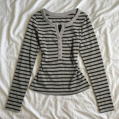 2000s Striped Long-Sleeve Knitted Top – Slim Henley Button Tee in 2 Colours XS–XL