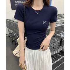 Embroidered Bow Slim Short Sleeve Tee