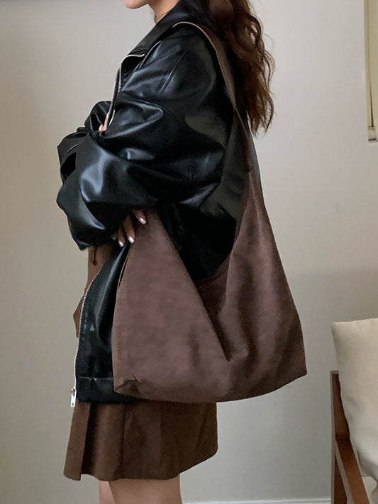 Large Capacity Suede Tote Bag – Lightweight Minimalist Shoulder Bag in Brown & Black
