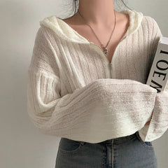 Rib Crop Knitted Zip Up Hoodie