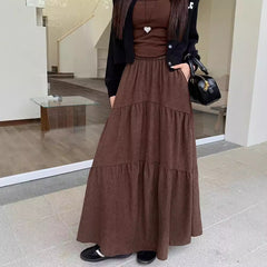 Pleated Stitching Elastic Waist Loose All-match Large Swing A- Line Dress