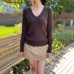 Women's V-Neck Cable Knit Long Sleeve Sweater