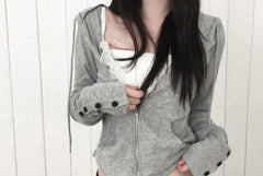 Butterfly sleeve hooded knit sweater in Gray, button cuff detail