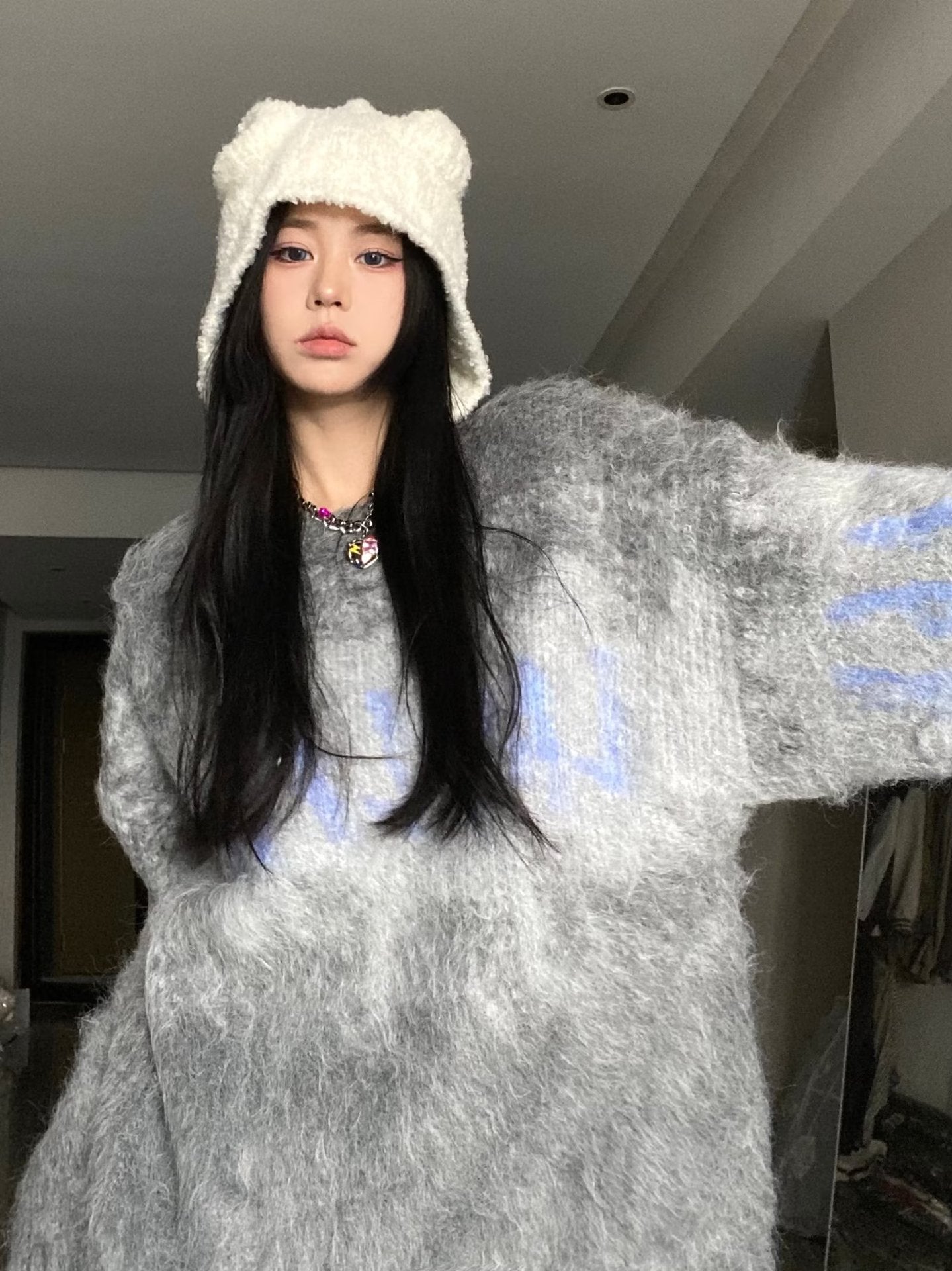 Fuzzy Contrast Color Print Oversized Sweater - fairypeony