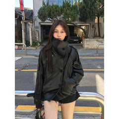 High-Neck Faux Leather Windbreaker Jacket – Loose Fit Trench-Style Coat