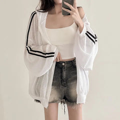 Striped Sleeve Knitted Hooded Zip Up Thin Cardigan