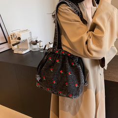 Cherry Embroidery Denim Shoulder Bag - fairypeony
