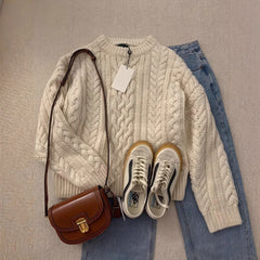 Vintage Round Neck Cable Knit Oversized Sweater