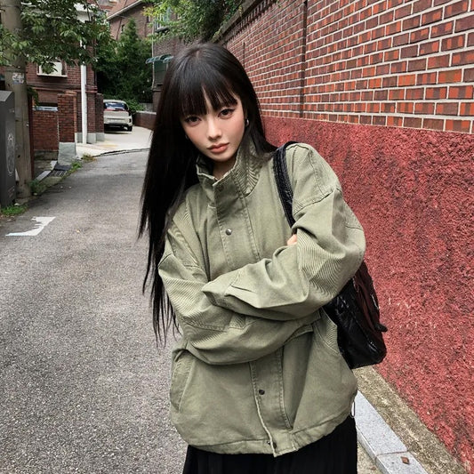 Women's Loose Vintage Stand-Collar Drawstring Jacket