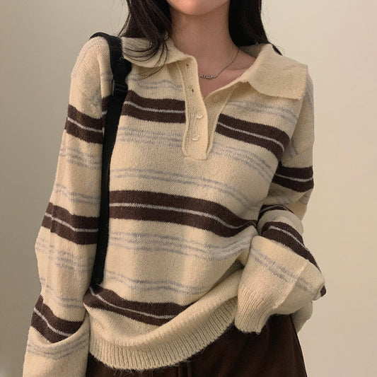 Vintage Polo Collar Striped Sweater