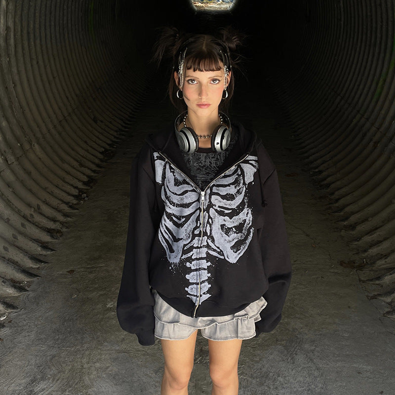 Skeleton Print Zip Up Loose Oversized Hoodie - fairypeony