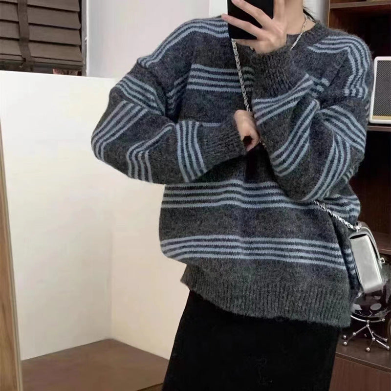 Vintage Round Neck Pullover Striped Sweater