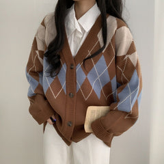 Argyle Print Preppy Oversized Knitted Cardigan