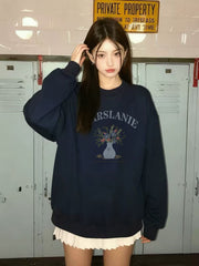 Pure cotton navy blue round-neck pullover for women
