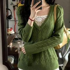 Lace Patchwork Knit Sweater with Waist-Cinching Design