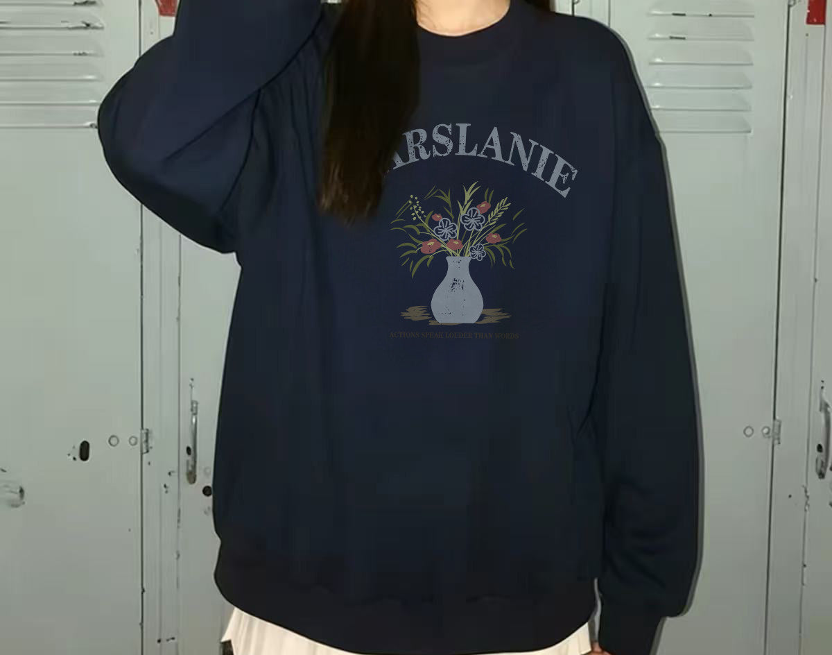 Cotton crew neck sweatshirt in navy blue, embroidered vase design