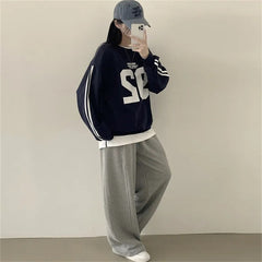 Vintage Number Print Striped Sleeve Sweatshirt - fairypeony