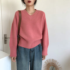Vintage Solid Color V-Neck Sweater