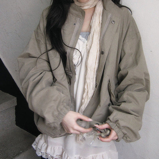 Drawstring Stand Collar Loose Jacket – Windproof Korean Cotton Coat in Khaki