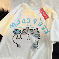 Keep Calm Cat Hair Dryer Print T-shirt