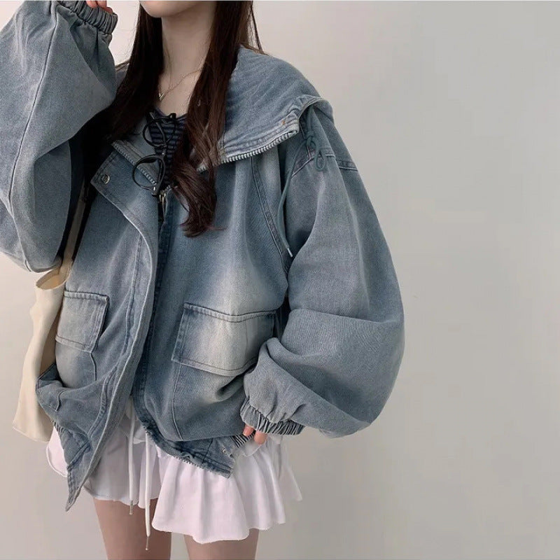 Womens Loose Denim Hooded Coat